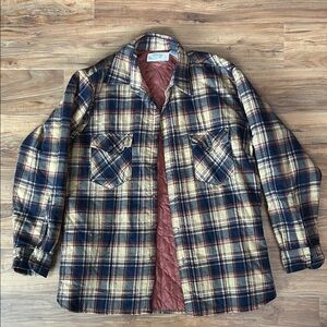 Vintage Orange Blue Plaid Quilted Flannel Shirt Jacket Cozy Grandpa Core Size L